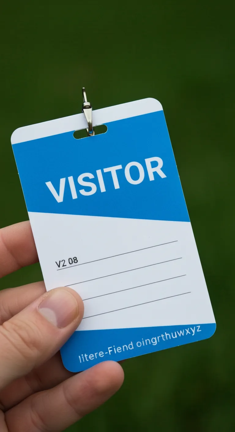 Blue and white professional ID badge, held by hand, green blurred background, durable ID card.