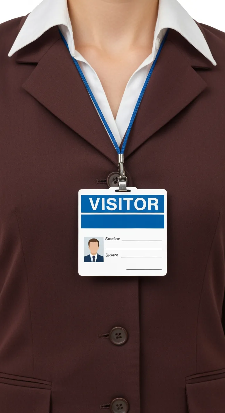 Blue and white professional ID badge on brown suit, white background, durable ID card.