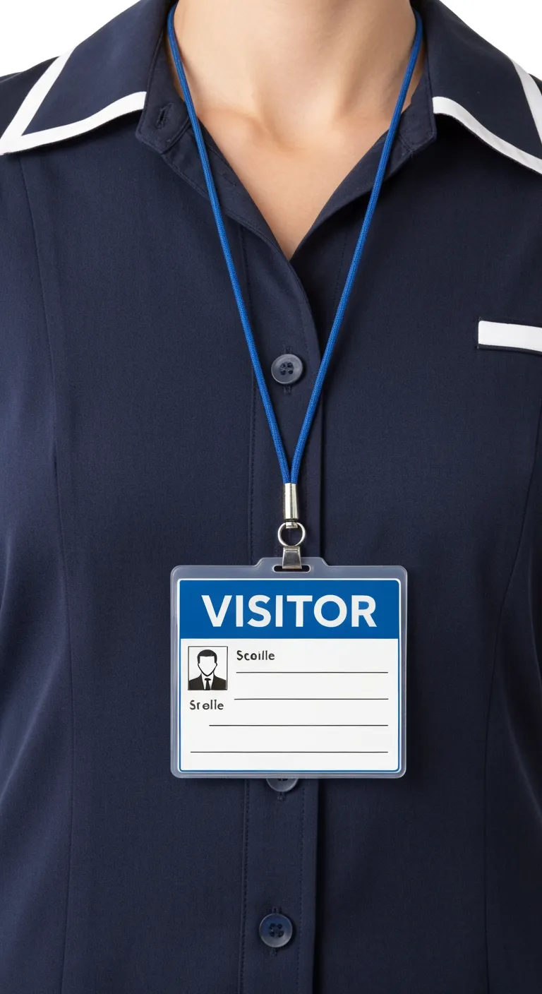 Blue and white professional ID badge on navy shirt, plain background, with durable ID card.