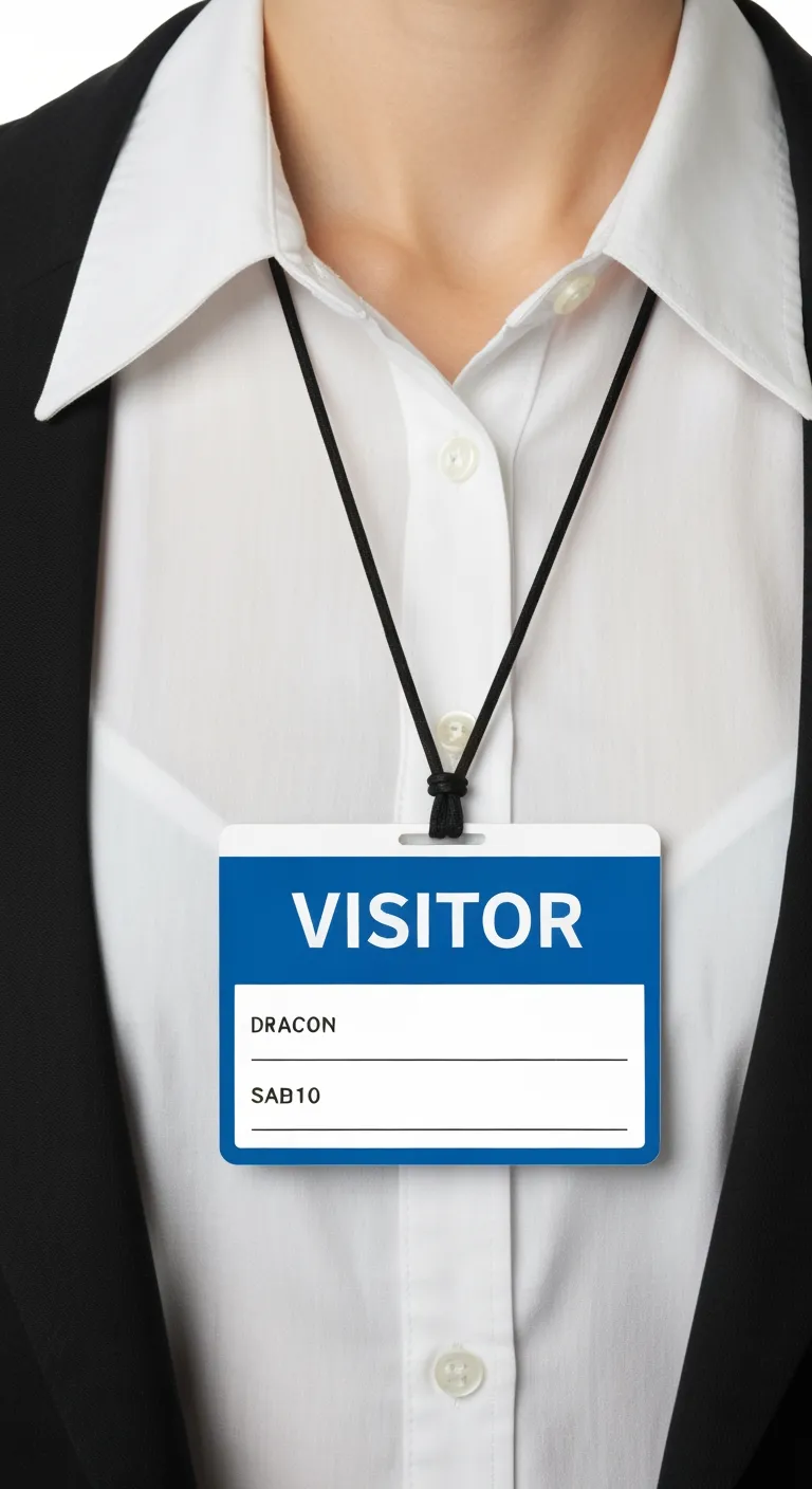 Blue and white professional ID badge on white shirt, black suit background, clear text, lanyard.