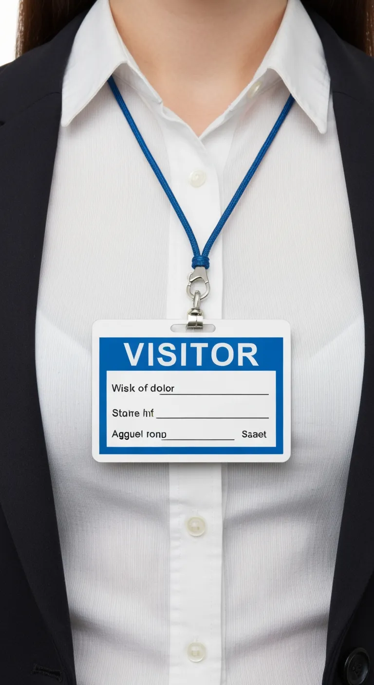 Blue and white professional ID badge on white shirt, dark blazer background, blue lanyard.
