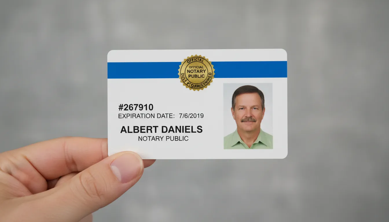 Blue and white id card with photo placeholder, name, title, barcode, and company logo area.