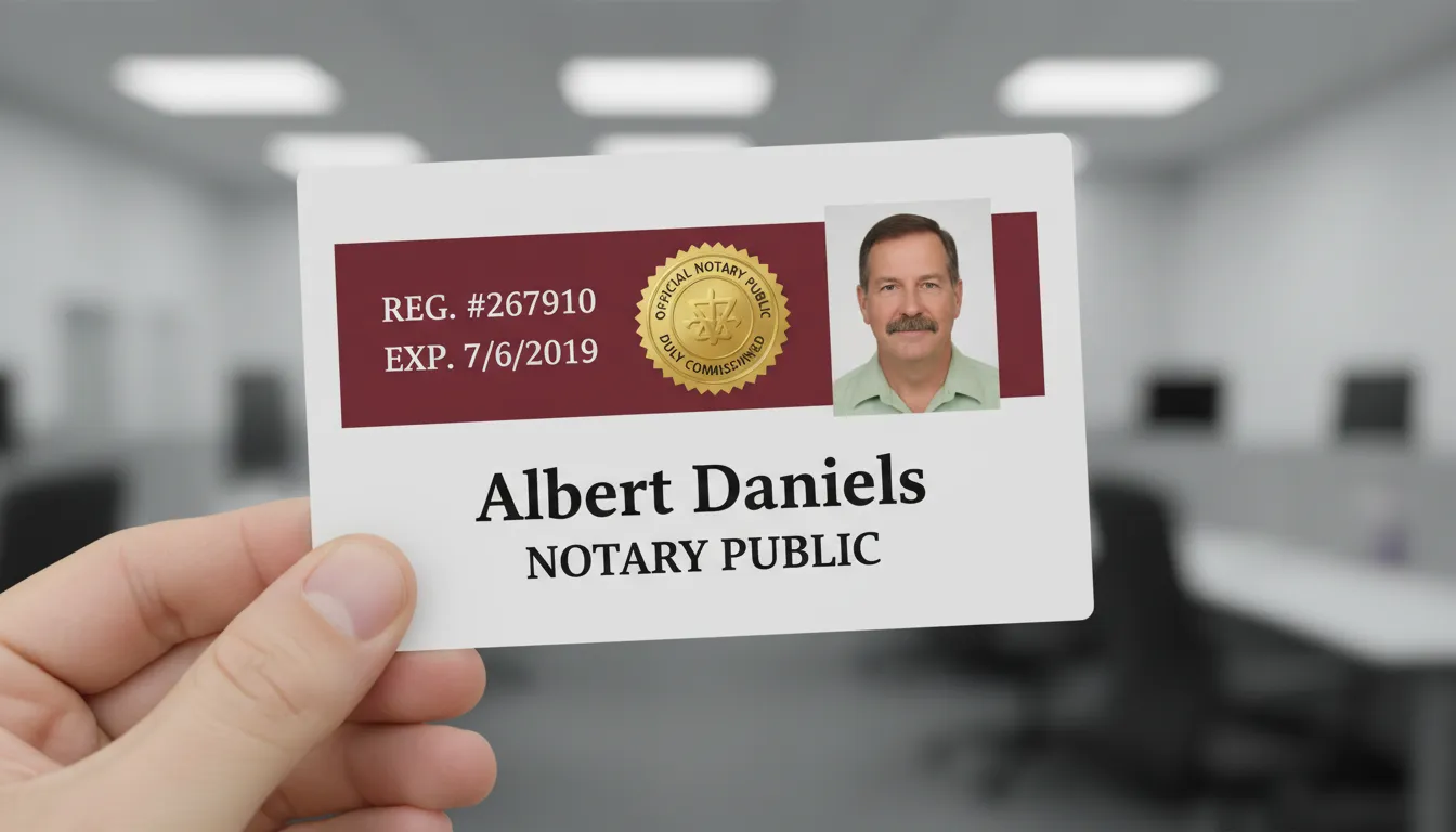 Official Public Notary custom ID badge with blue and white design, company logo, name and title.