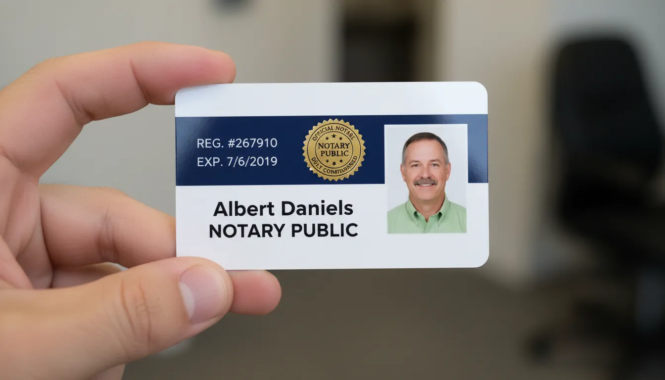 Official Public Notary custom ID badge with blue and white design, company logo, name, title, and barcode.