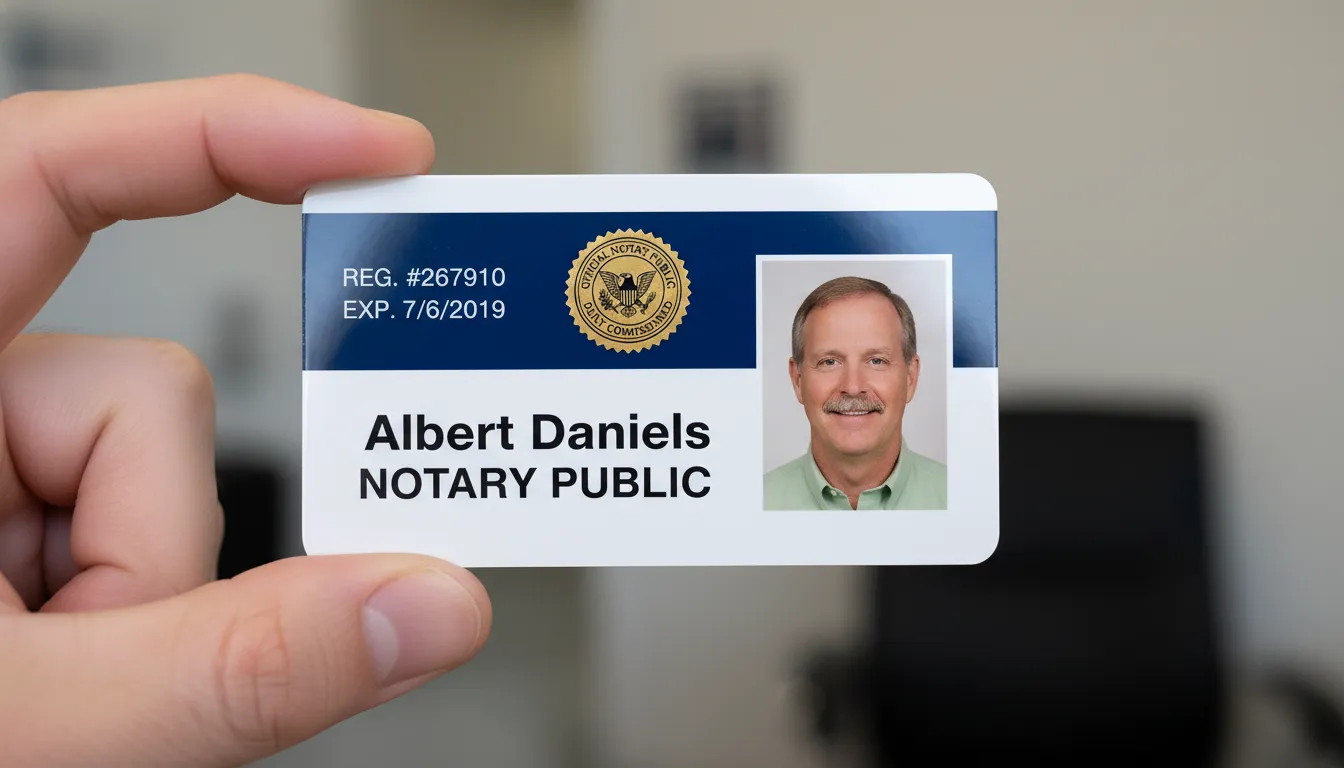 Official Public Notary custom ID badge with blue and white design, featuring logo area, name, title, and barcode.