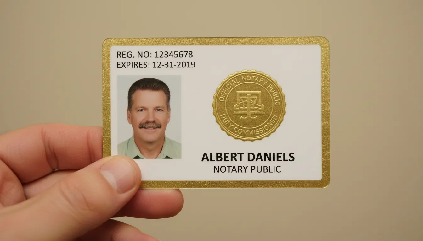 Official Public Notary durable ID card with blue and white design, featuring logo, name, title, and barcode.