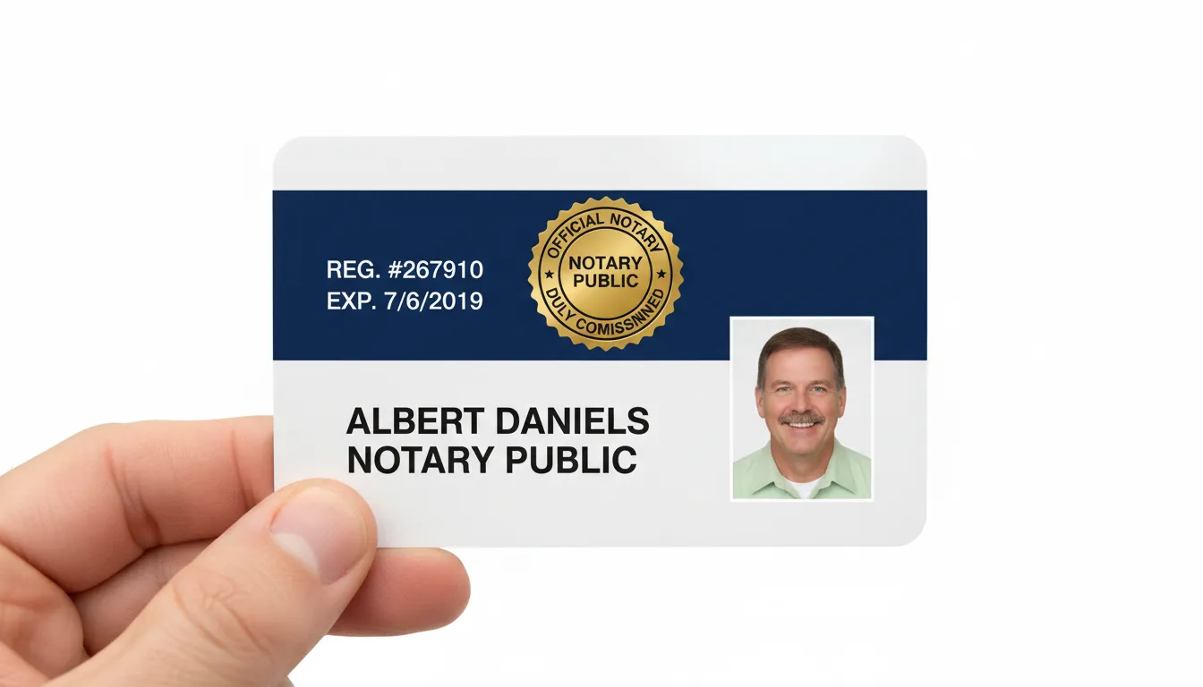 Official Public Notary ID badge with blue and white color scheme, featuring name, title, and barcode.