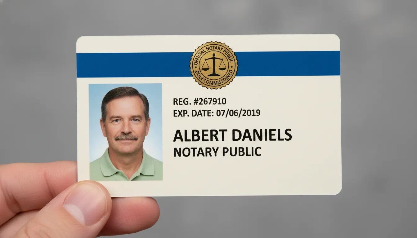 Official Public Notary ID card with blue and white design, logo area, name, title, and barcode.