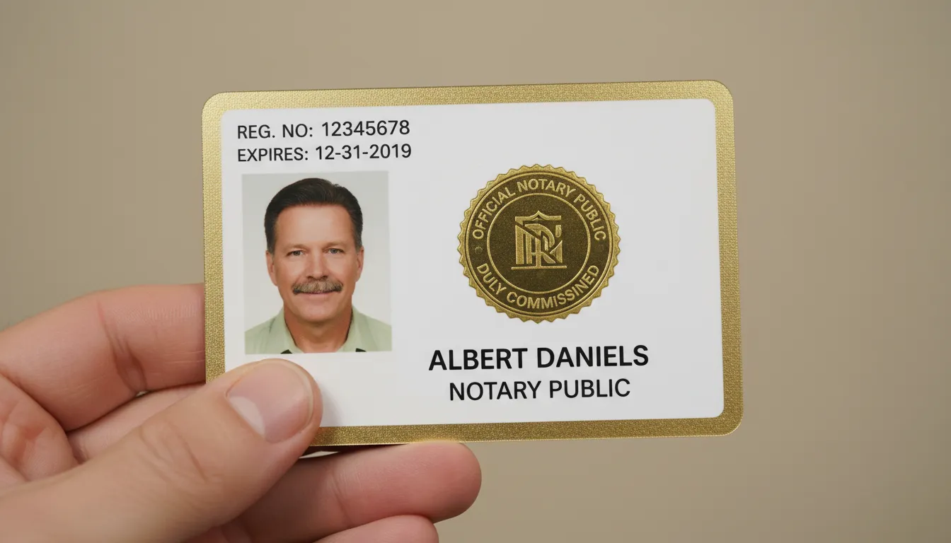 Official Public Notary PVC ID badge template with blue and white color blocks, logo area, and text fields.
