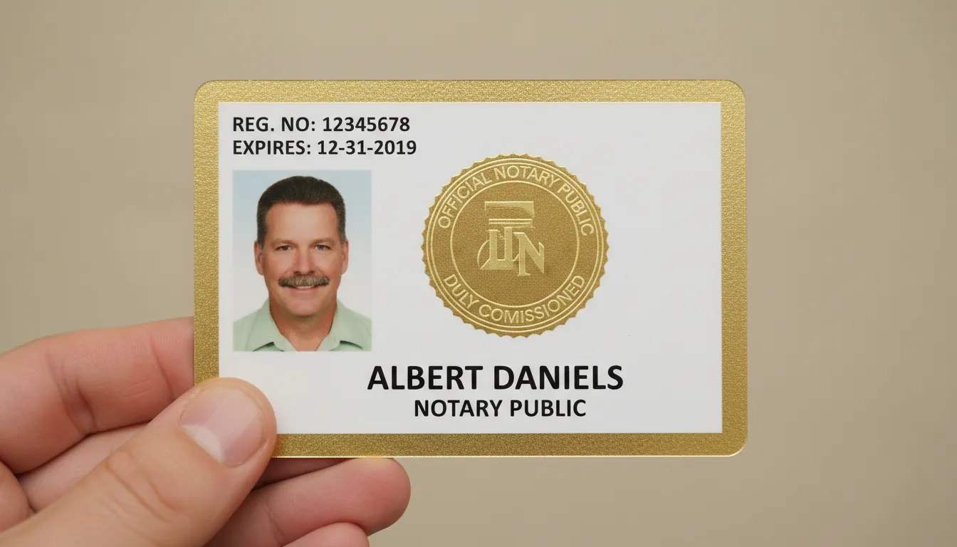 Official Public Notary PVC ID badge template with blue barcode area, logo area, and text fields.