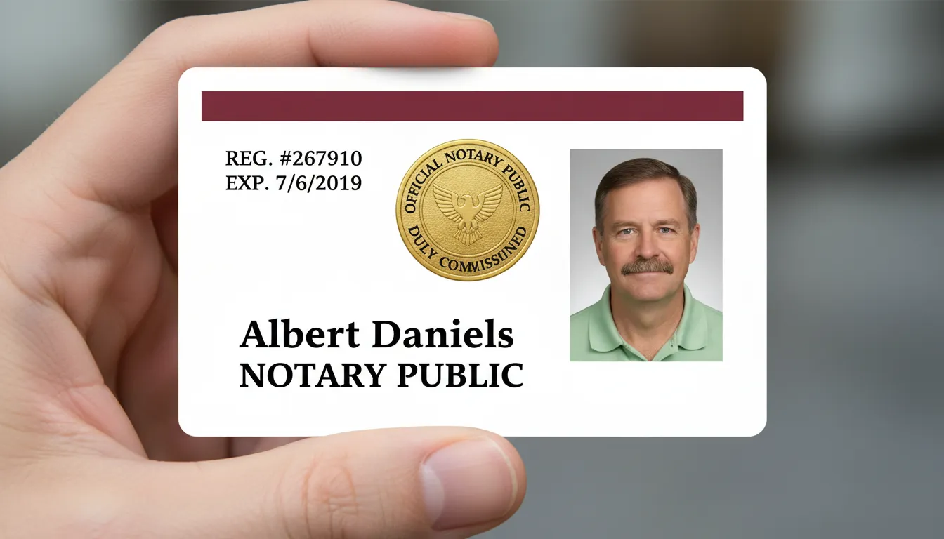 Official Public Notary PVC ID badge template with dark blue barcode, logo area, and text fields.