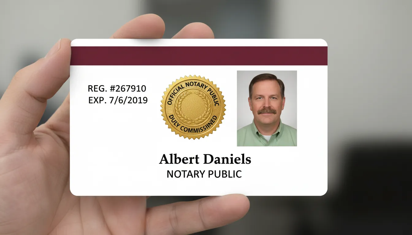 Official Public Notary PVC ID card template with blue and white color blocks, featuring text fields and logo area.