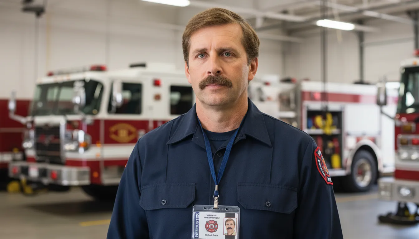 Firefighter in navy uniform with professional ID badge, red fire trucks on light gray background.