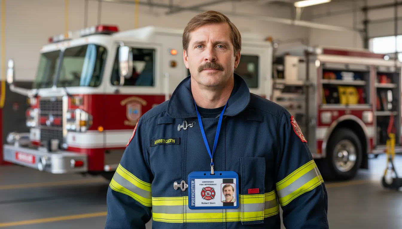 Firefighter in navy uniform with yellow stripes, wearing a professional ID badge, firetruck background.