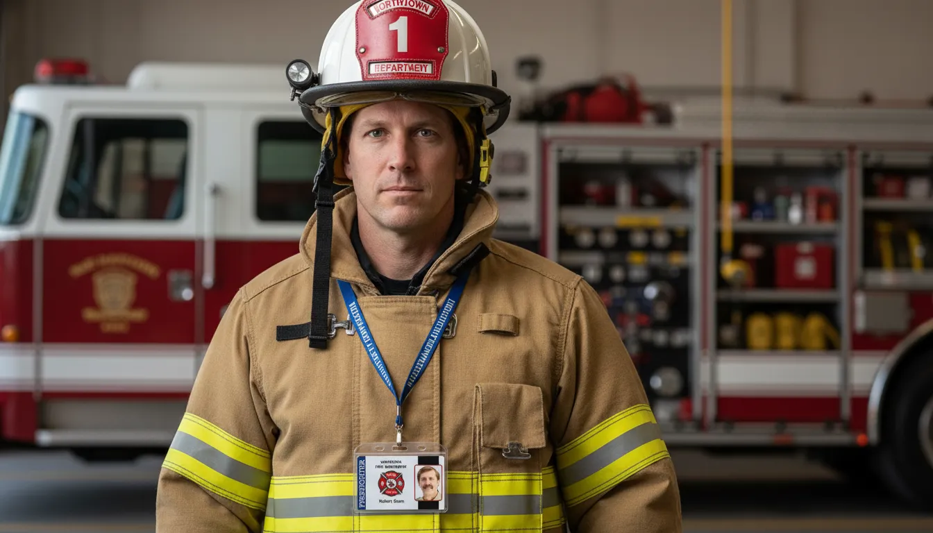 Firefighter in tan gear, red fire truck background, wearing professional ID badge with blue lanyard.
