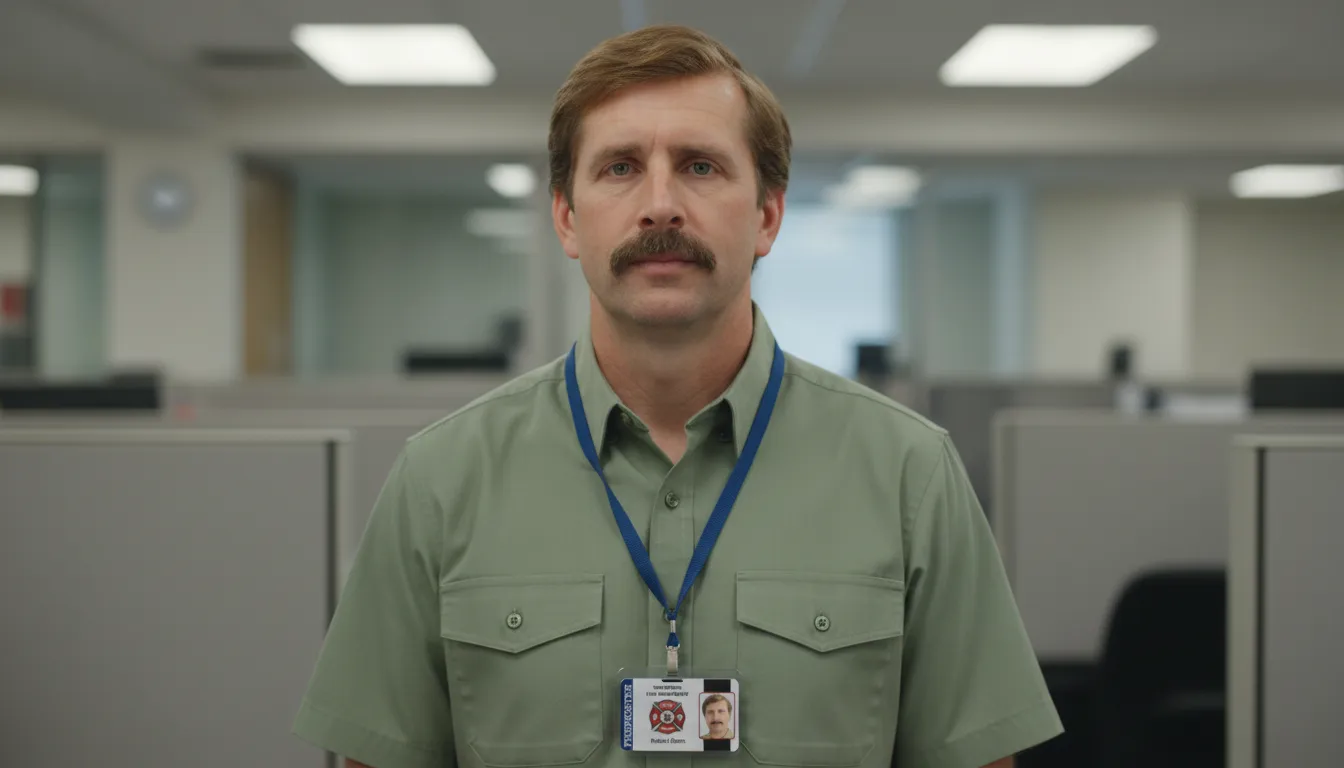 Man in green shirt wearing a professional ID badge, neutral office background, soft gray and beige tones.