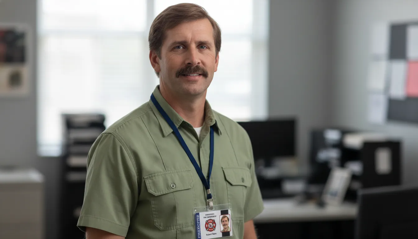 Man in green shirt wearing professional ID badge, office background with gray walls and soft light.