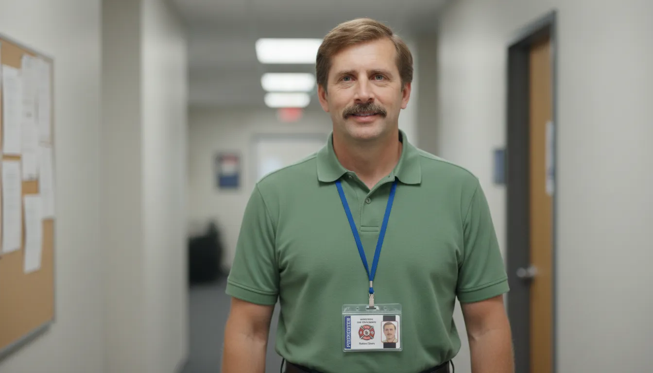 Man in green shirt wearing professional ID badge, white hallway background, blue lanyard, neutral colors.