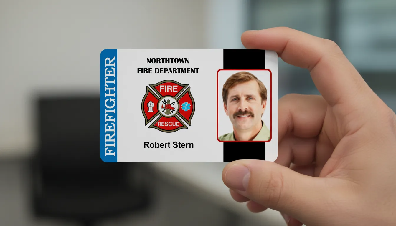 White and blue professional ID badge for firefighter, red emblem, office background, durable ID card.