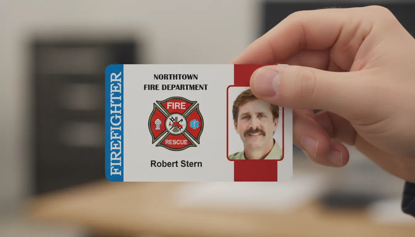 White and red professional ID badge for firefighter, blue accent, blurred office background.