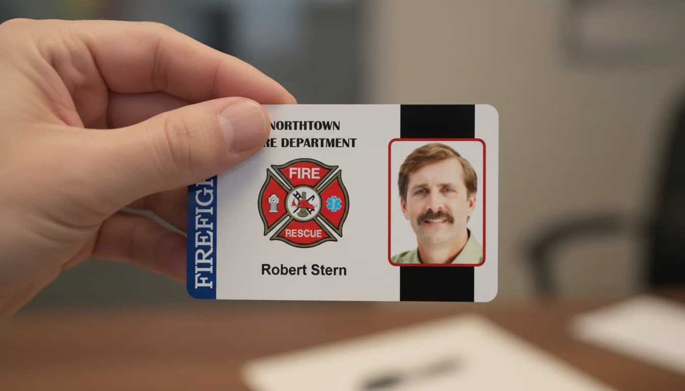 White and red professional ID badge with firefighter logo, blue stripe, blurred office background.