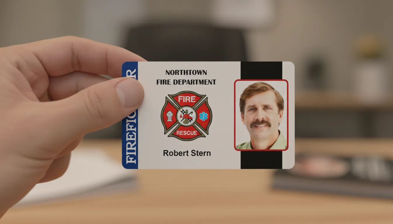 White professional ID badge with red, black, and blue accents, office background, custom ID card.