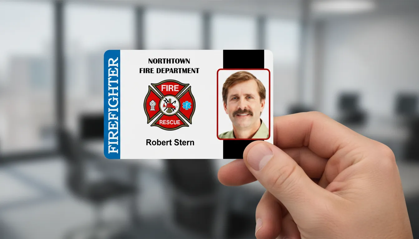 White professional ID badge with red, black, and blue accents, office background, durable ID card.