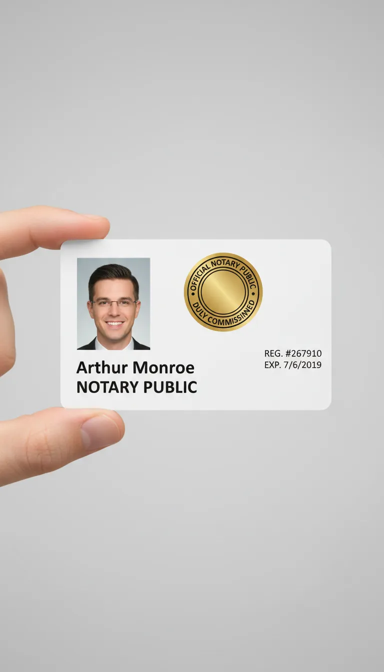 Notary public blue and white ID card template with photo area, name, title, barcode, and company logo.