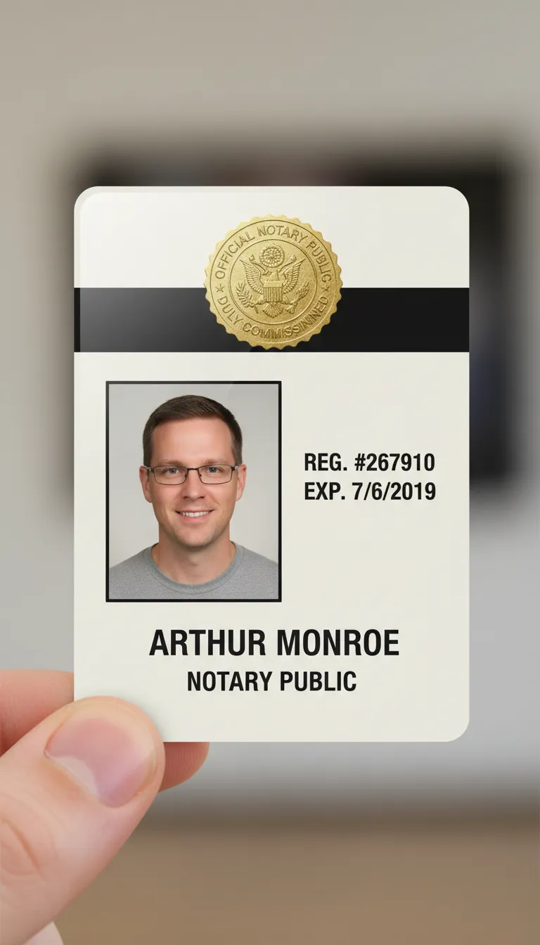 Notary public custom ID badge with blue and white design, company logo, name, title, and barcode.