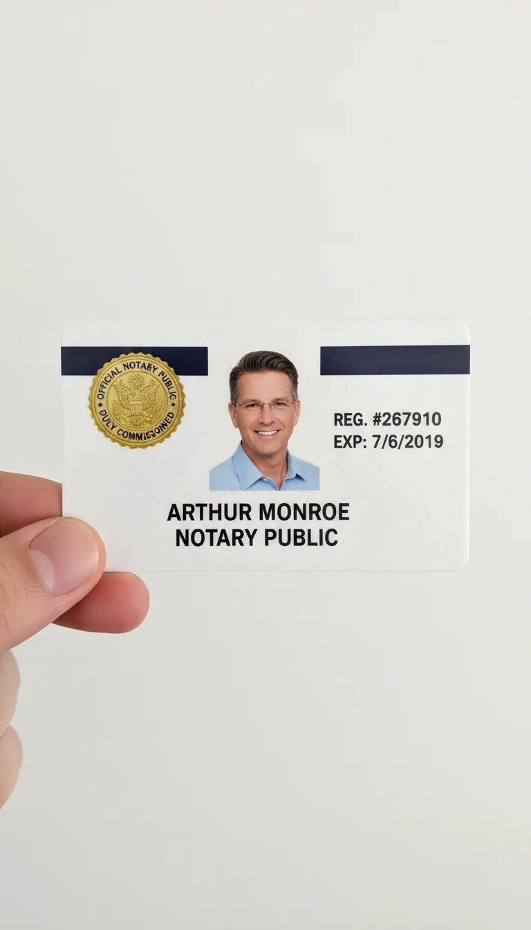Notary public custom ID card template with blue and white color blocks, logo area, and text fields.