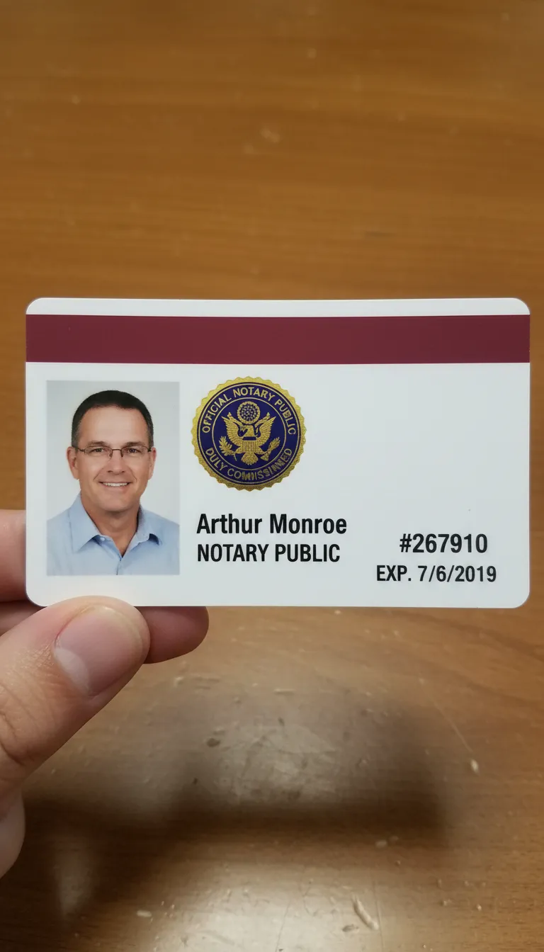 Notary public durable ID card with blue and white design, featuring photo area, name, title, and barcode.