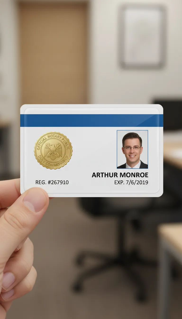 Notary public ID card template with designated photo area, name, title, barcode, and company logo.
