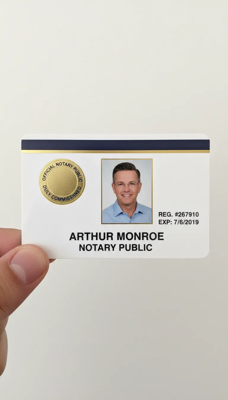 Notary public ID card template with photo area, name, title, barcode, and company logo.