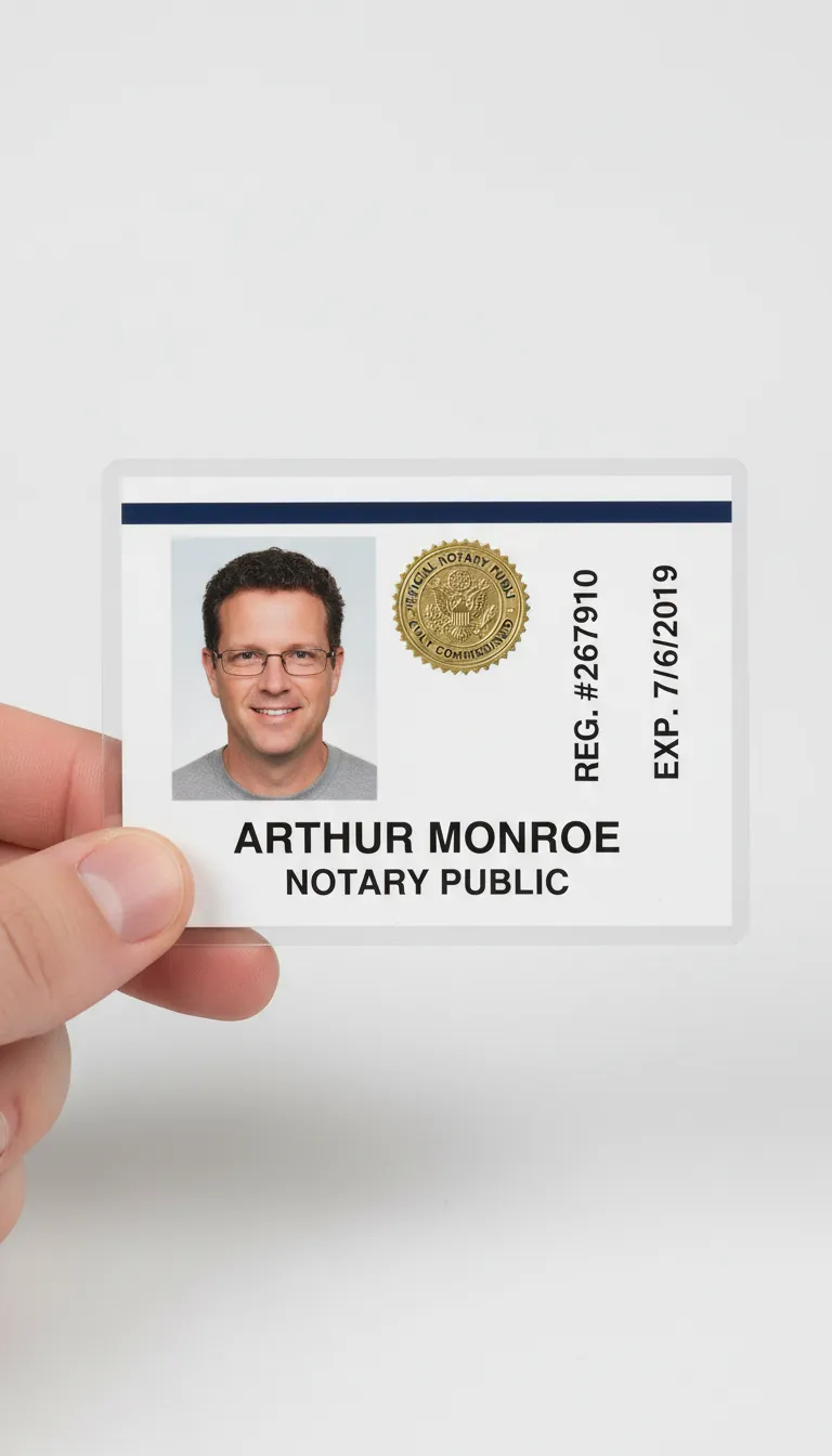 Notary public ID card with holographic overlay, featuring text fields and barcode.