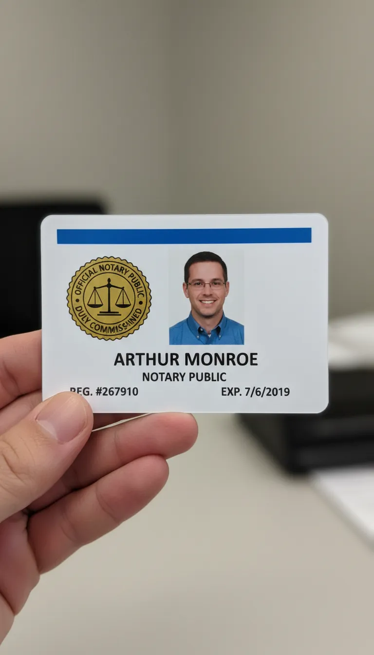 Notary public ID card with holographic overlay, two color design, featuring text fields and blue barcode.