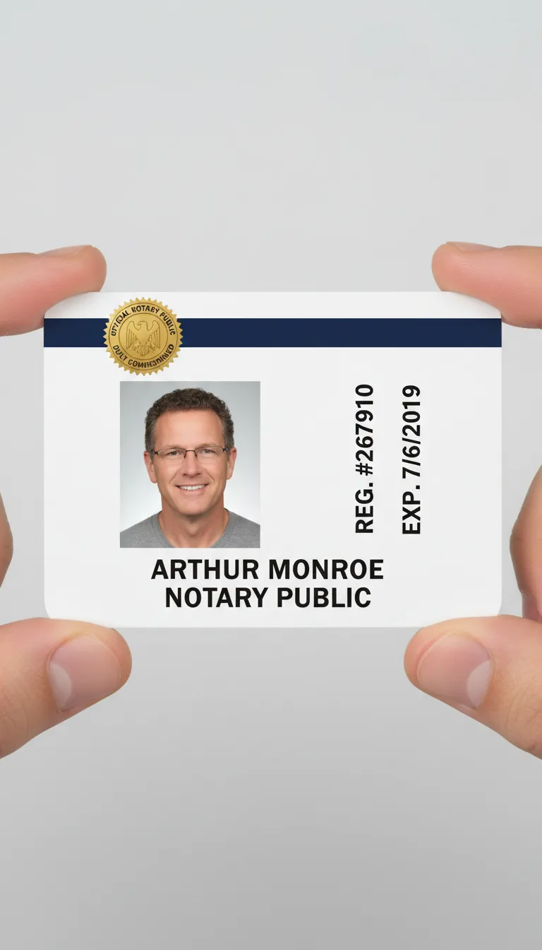 Notary public plastic ID card template with blue and white design, featuring text fields and a circular photo space.