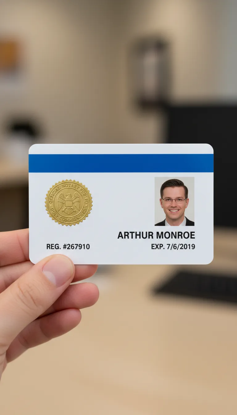 Notary public professional ID badge with blue and white design, company logo, name, and barcode displayed.