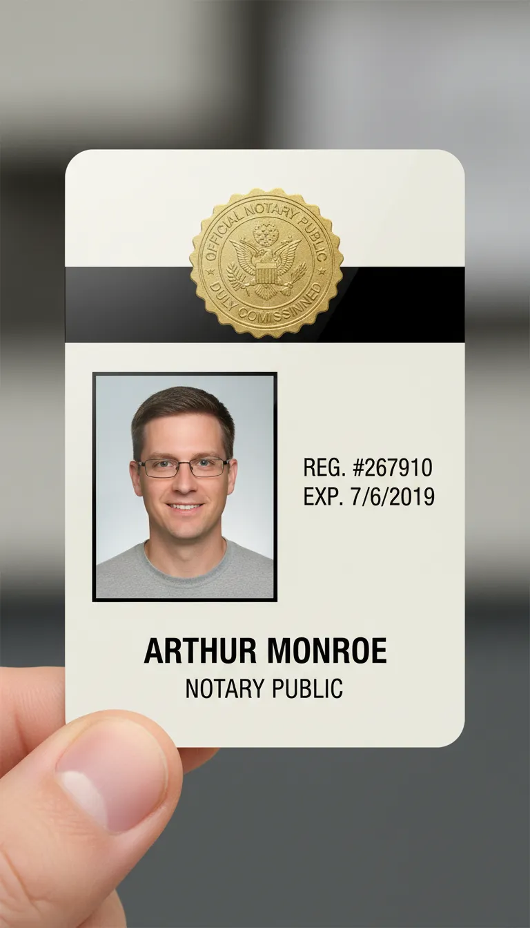 Notary public professional ID card with blue and white design, company logo, name, and barcode visible.