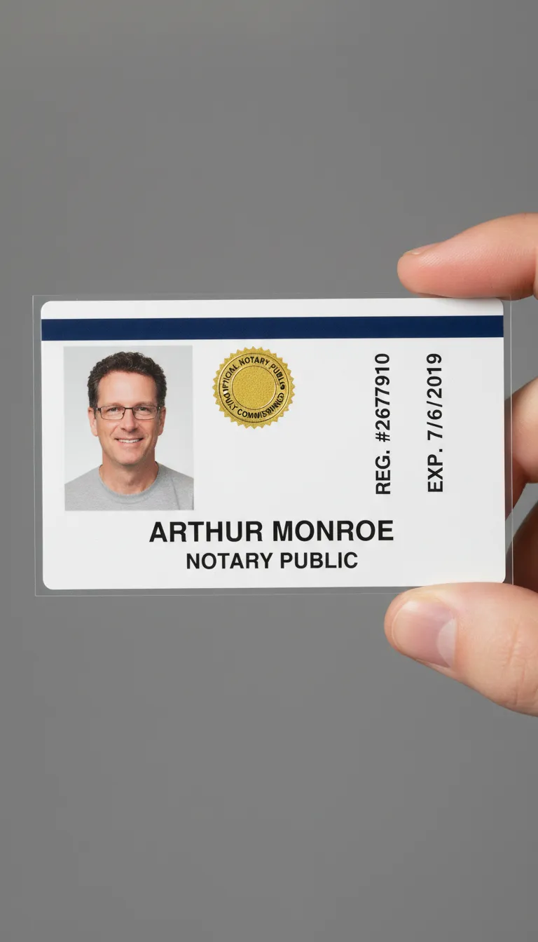 Public Notary custom ID badge with blue and white design, golden round logo area, name, title, and barcode section.