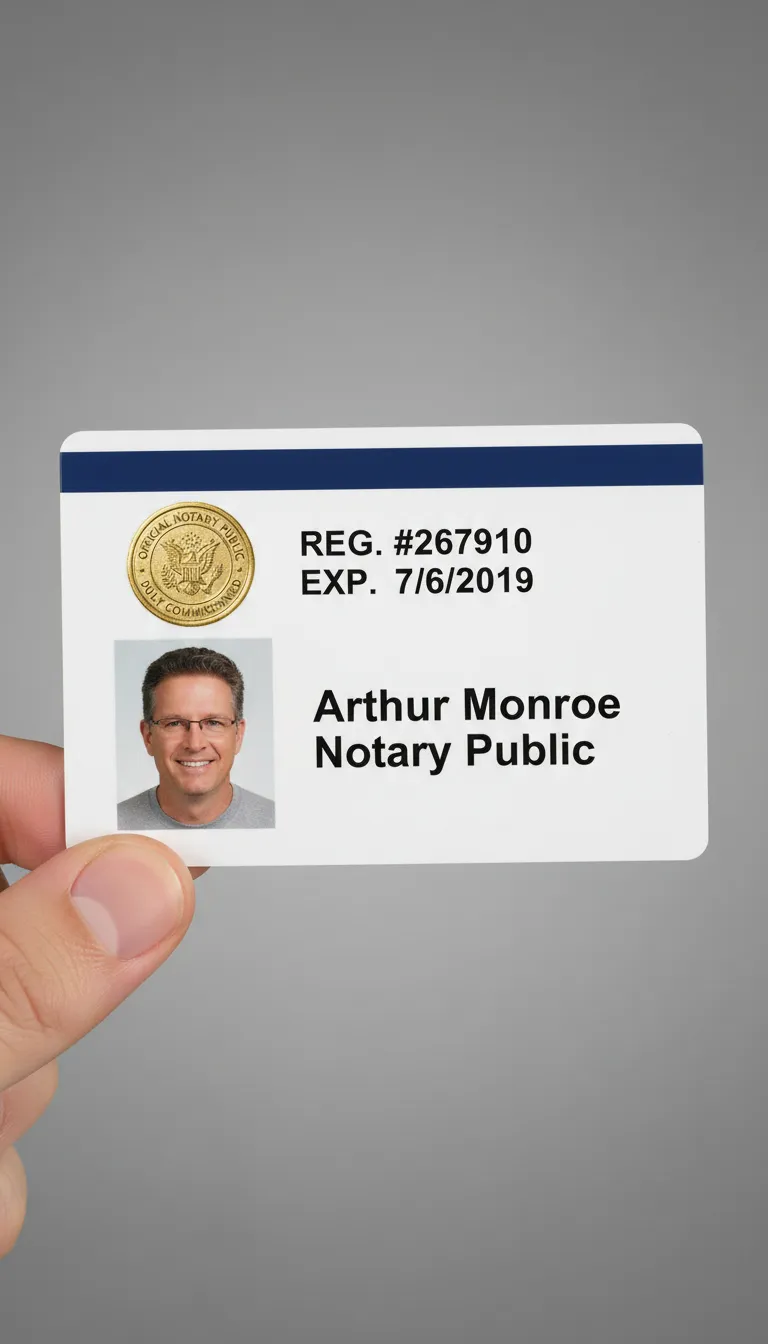 Public Notary ID card template with photo placeholder, name, title, barcode, and company logo.