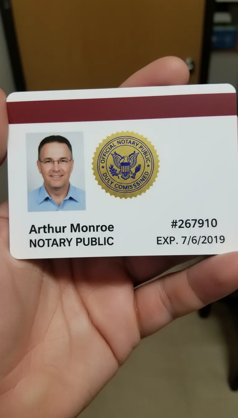 Public Notary professional ID badge with blue and white design, golden color logo area, name, title, and barcode.