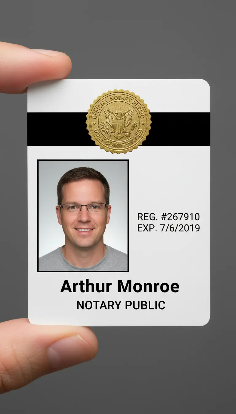 Public Notary professional ID badge with blue and white design, round company logo, name, title, and barcode.