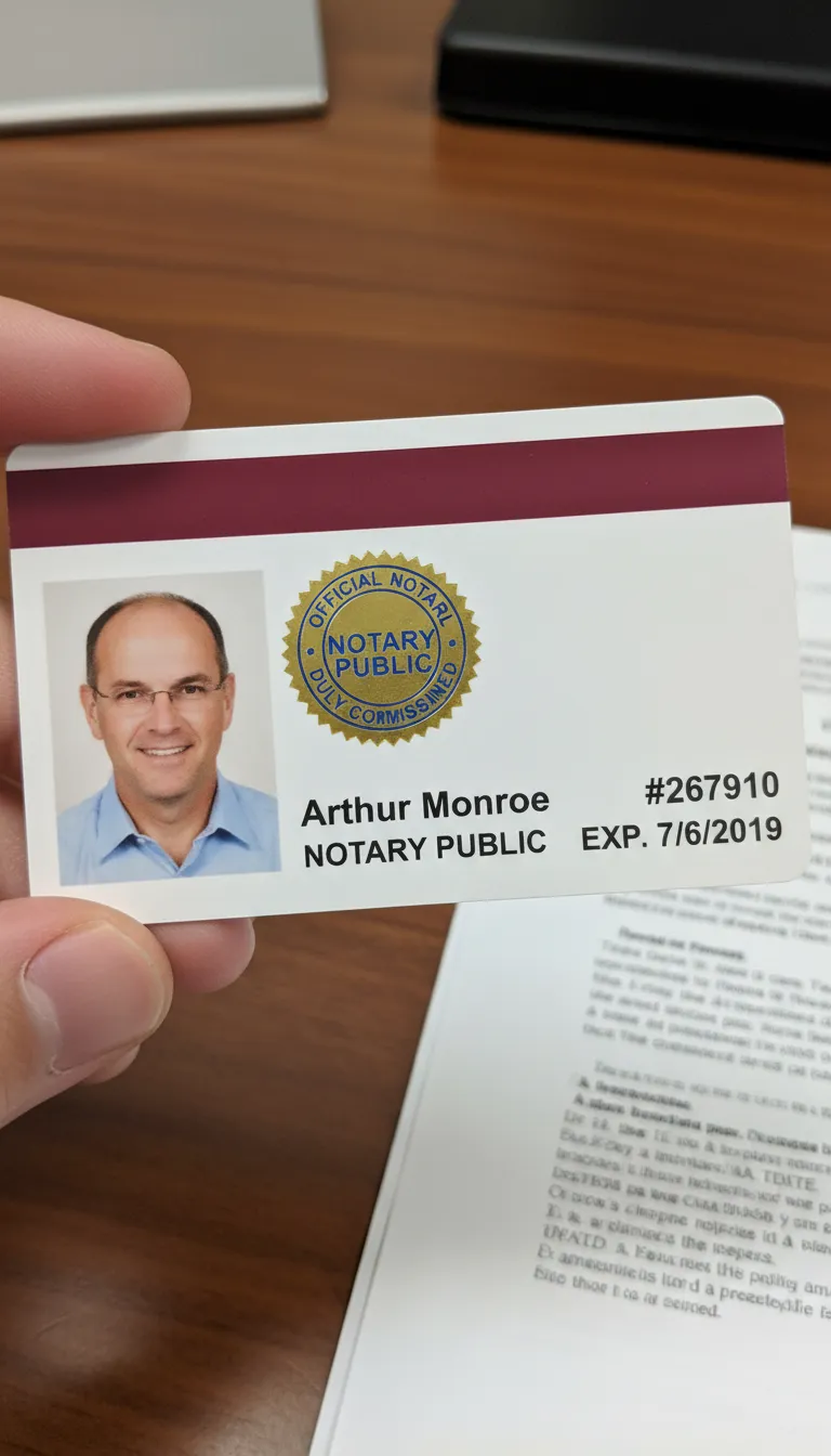 Public Notary professional ID card template with blue and white color scheme, featuring text fields and logo area.