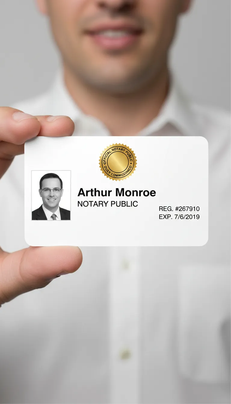 Public Notary professional ID card template with blue and white color scheme, featuring text fields and round logo area.