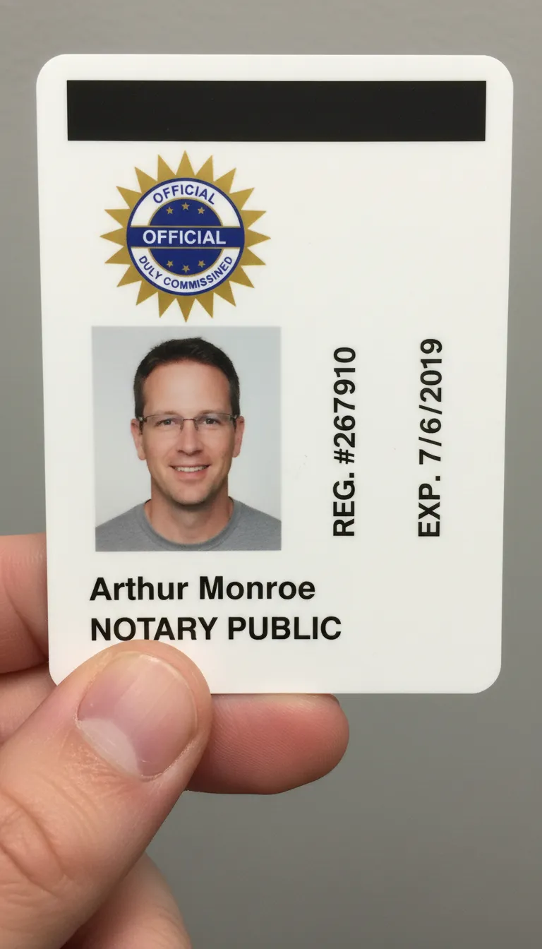 Public Notary PVC ID badge with blue and white design, featuring text fields and a circular logo area.