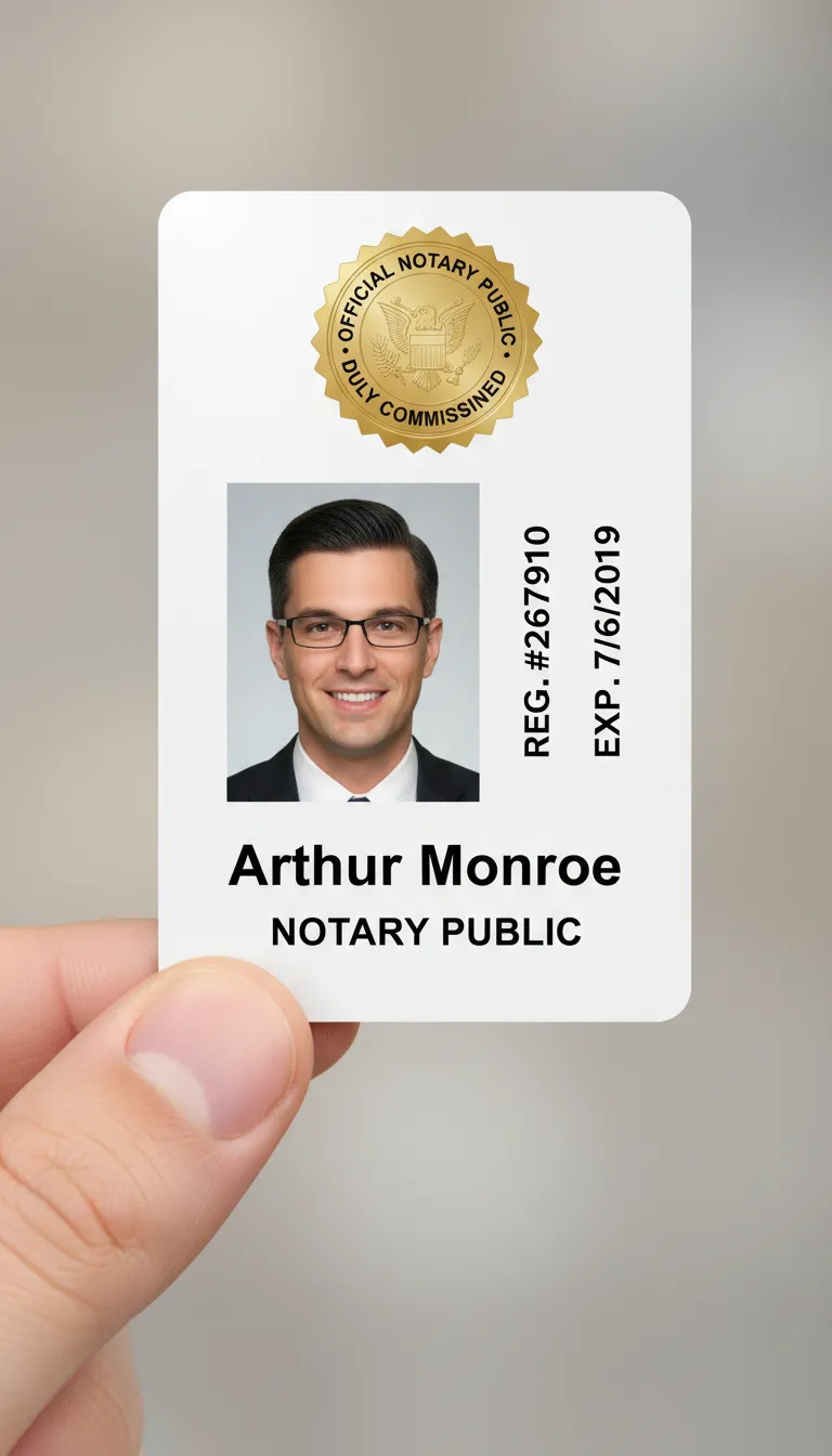 Public Notary PVC ID card template with two color design, featuring text fields and a circular photo.