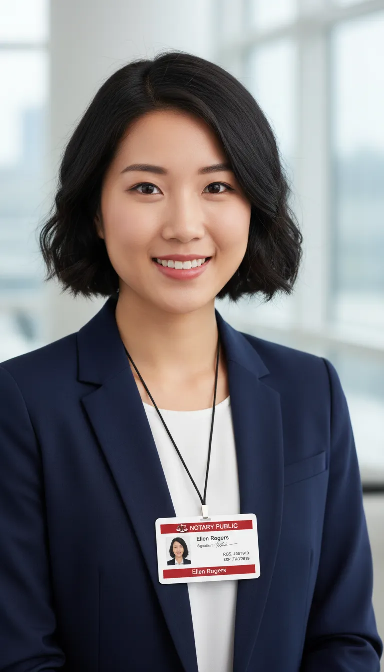 Notary public custom ID badge with red and white design, company logo, name, title, and barcode.