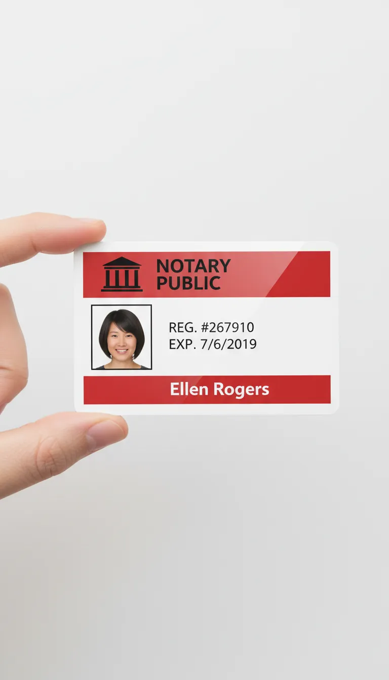 Notary public professional ID card with red and white design, company logo, name, and barcode displayed.