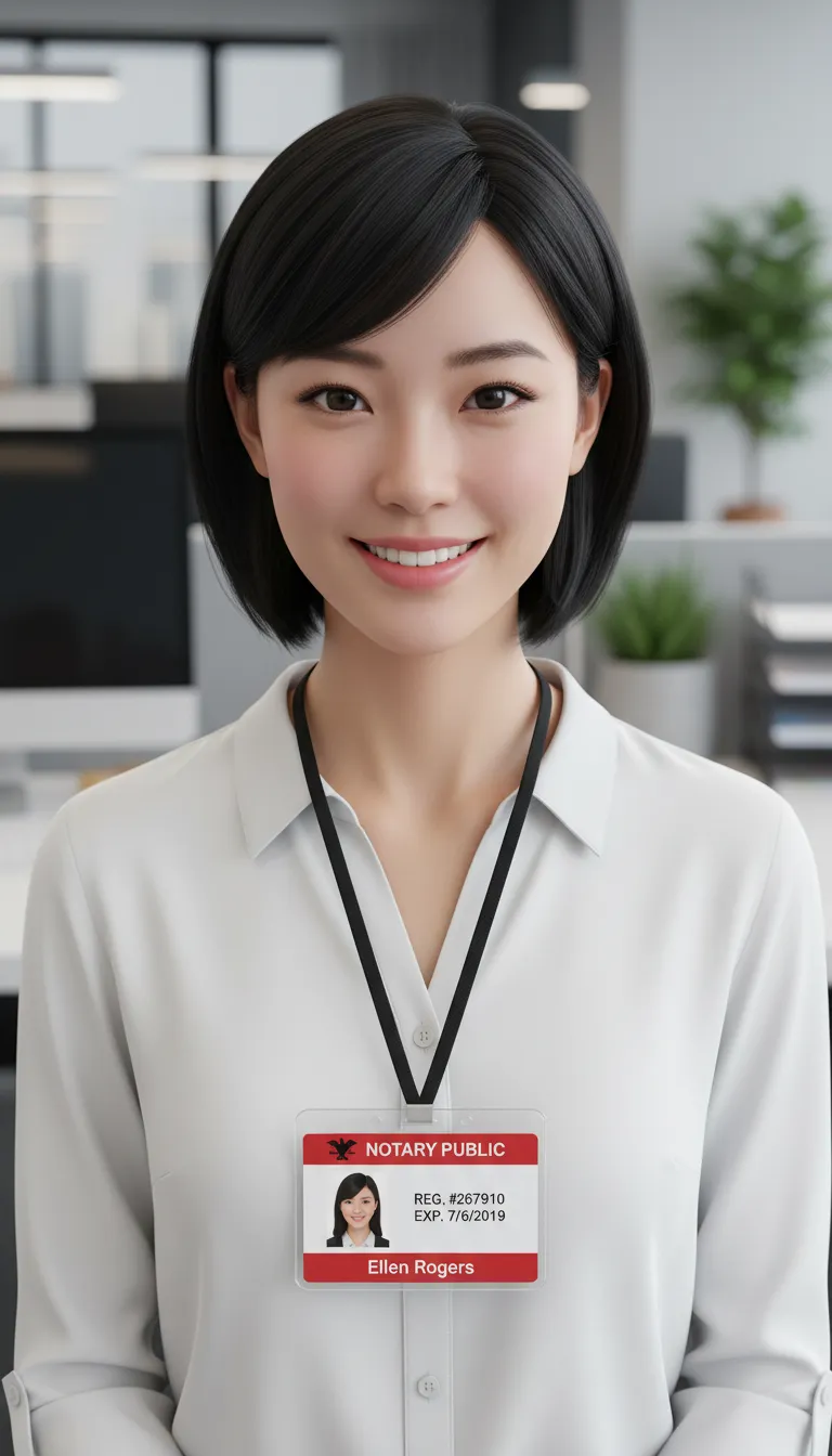 Notary public PVC ID badge template in red and white color, logo area, and text fields.