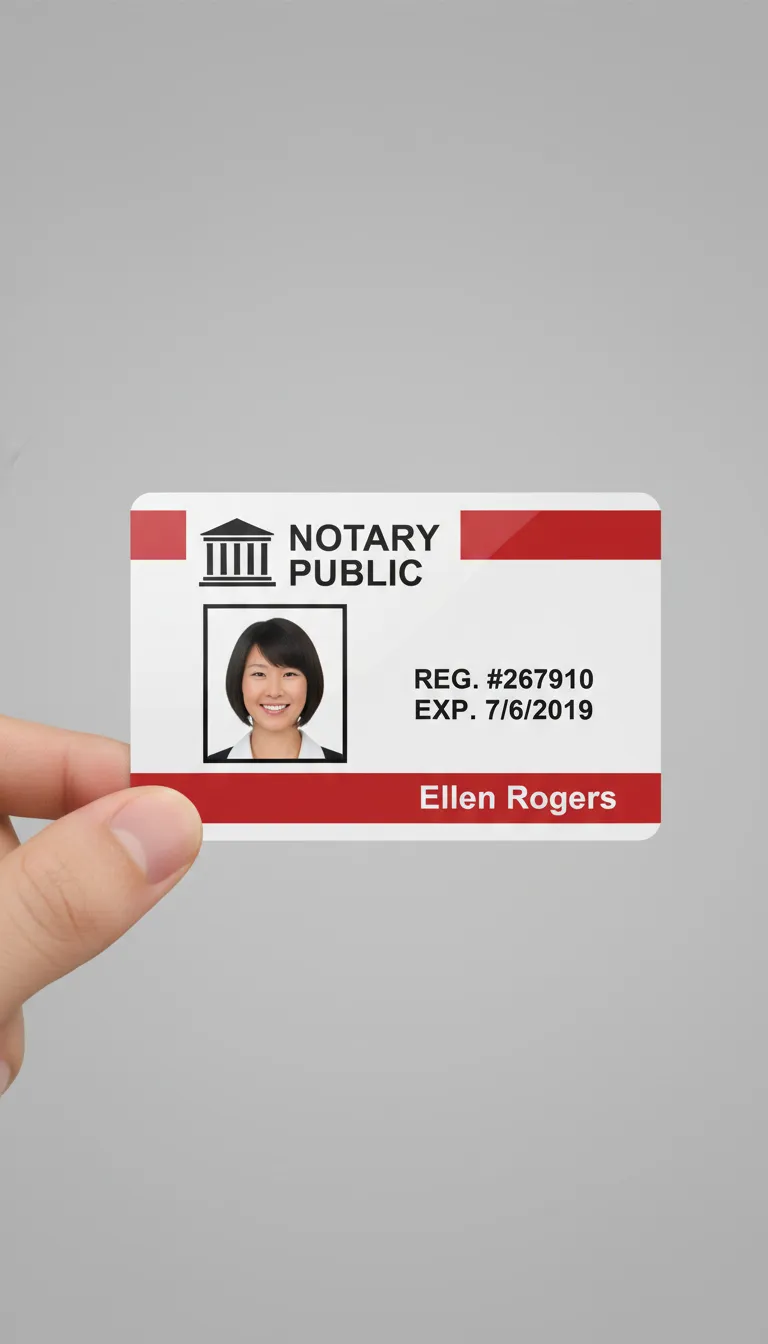 Plastic id badge for a notary public with a photo on the left, red color bars, black text labels and court building icon at the top left.